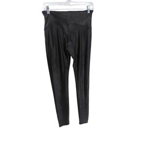 SPANX Faux Leather Leggings Womens L Black Pull On Stretch Mid Rise 28" Inseam